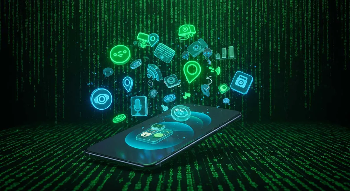 Smartphone with surveillance icons like GPS and microphone