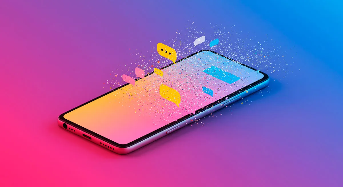 Disappearing chat bubbles on a phone screen symbolizing Snapchat's message deletion policy.